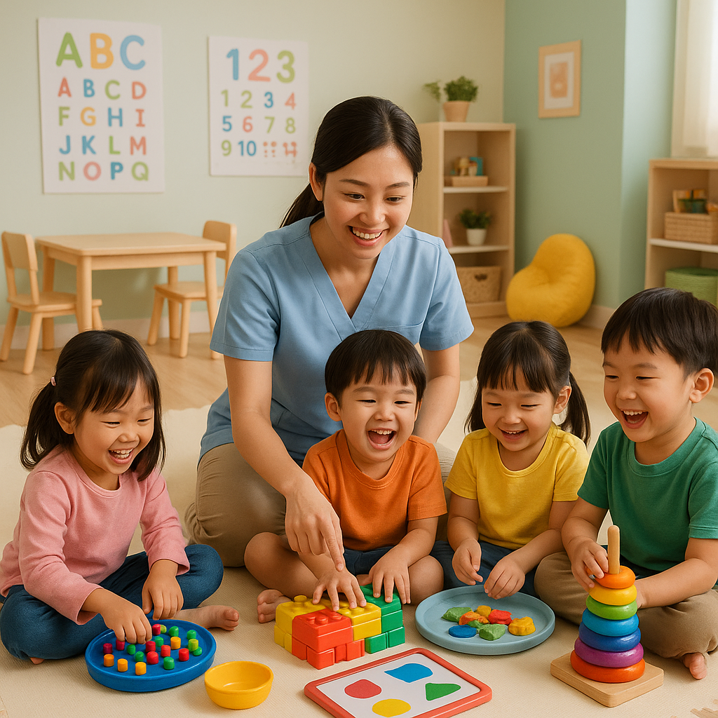 A preschool teacher guides a group of happy children through developmental play activities at Kids Sense Play, using colorful wooden toys, shape puzzles, and sensory games to support early learning, fine motor skills, and social interaction.