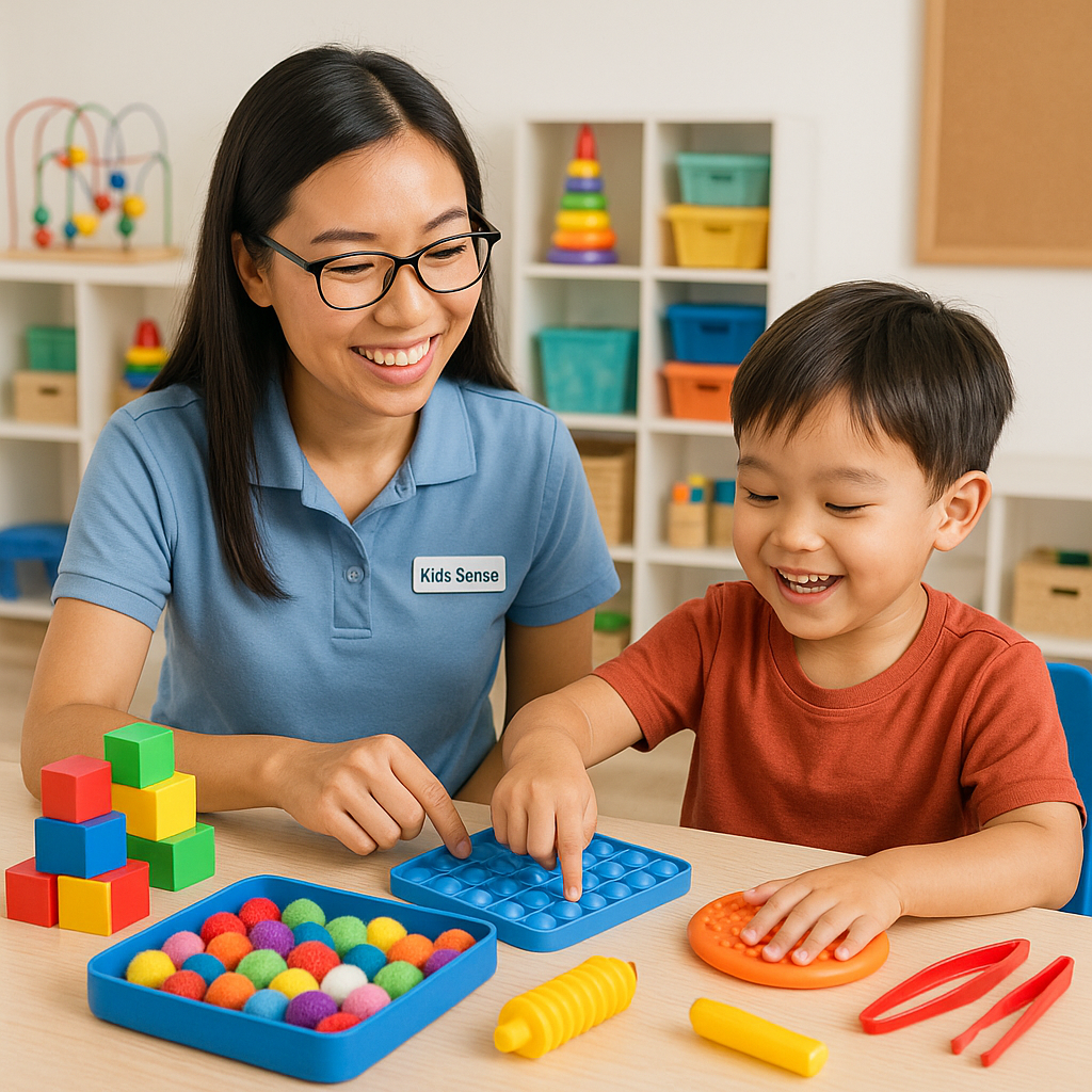 A Kids Sense Play therapist engages a smiling young boy in sensory play therapy using colorful tactile toys like pop-it pads, fuzzy balls, and fine motor tools to enhance sensory processing, focus, and hand coordination.