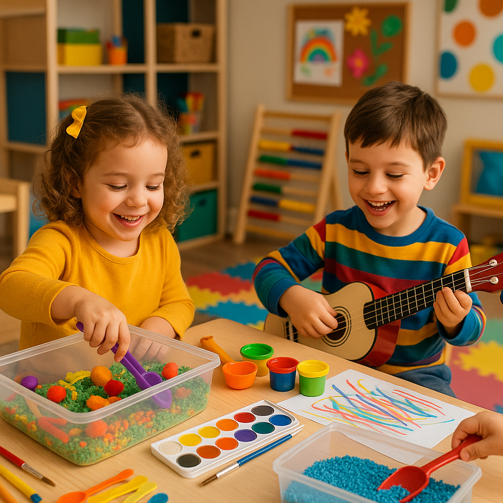 A girl plays with colorful sensory rice while a boy strums a toy guitar at Kids Sense Play, surrounded by paint, playdough, and creative tools that foster imagination, emotional expression, and fine motor development in early learners.