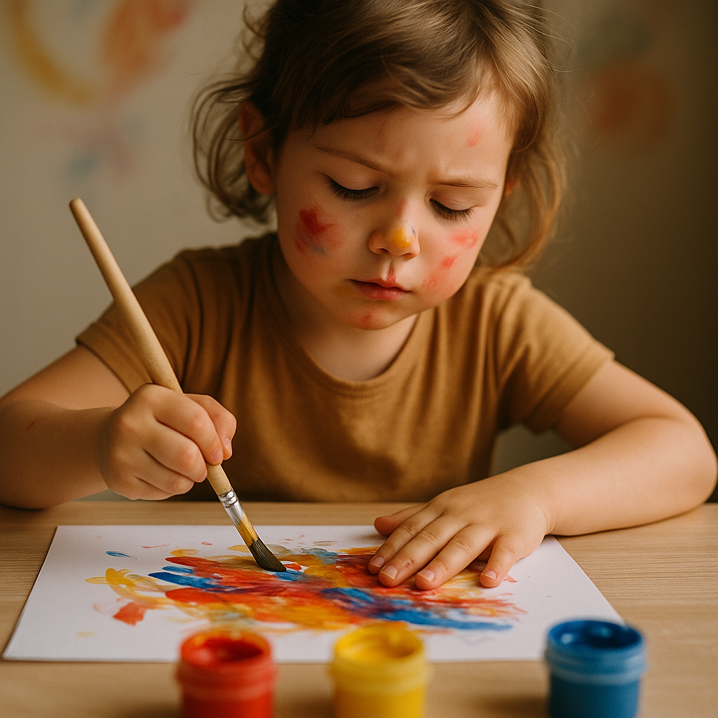 Young child painting with a brush, engaging in creative therapy to express emotions and build confidence.